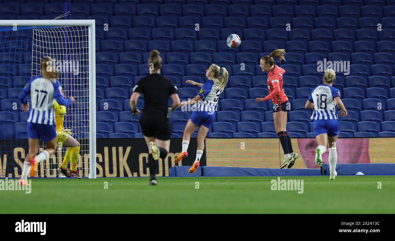 Brighton, UK. 19th Apr, 2024. Everton's Karen Holmgaard heads in the opening goal during the Women's Super League match between Brighton & Hove `Albion and Everton at the American Express Stadium. Credit: James Boardman/Alamy Live News Stock Photo